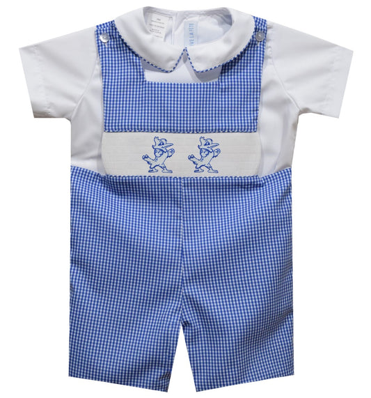 Vive La Fete.  55% Polyester/45% Cotton.  Button shoulder shortall. Fully lined and inside leg button closure. Square neck. 100% Cotton shirt with button back closure. Piped collar.  Machine Wash.  Smocked Jayson Logo.  This boy's classic shortall will show off his Blue Jay Spirit!