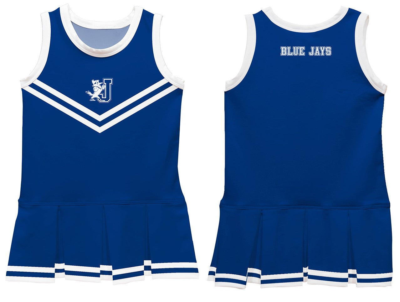 Vive La Fete. 92% Polyester/8% Spandex. Moisture wicking knit with 4-way stretch. Celebrate and cheer the Blue Jays on game day in this classic cheerleader dress with pleated skirt! Now available in Youth sizes!