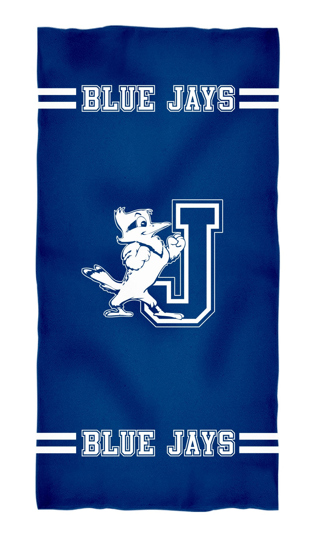Vive La Fete. 100% Cotton. Measures 28" x 58". Enjoy the pool, the beach, or bath showing your Blue Jay spirit in comfort and style. It's soft, light weight and super-absorbent fast drying. Royal Blue towel with white stripes. J/Jayson logo with Blue Jays logo on both ends.