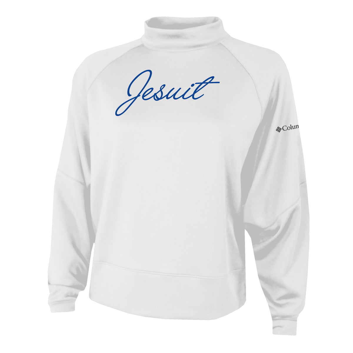 Columbia.

91% Polyester/9% Spandex.

This Par Performance Mock Neck Raglan Dolman Sweatshirt provides the perfect layer of defense when the temperature drops but your team spirit remains high, offering a winning blend of comfort and function.

Jesuit cursive screen-printed logo.