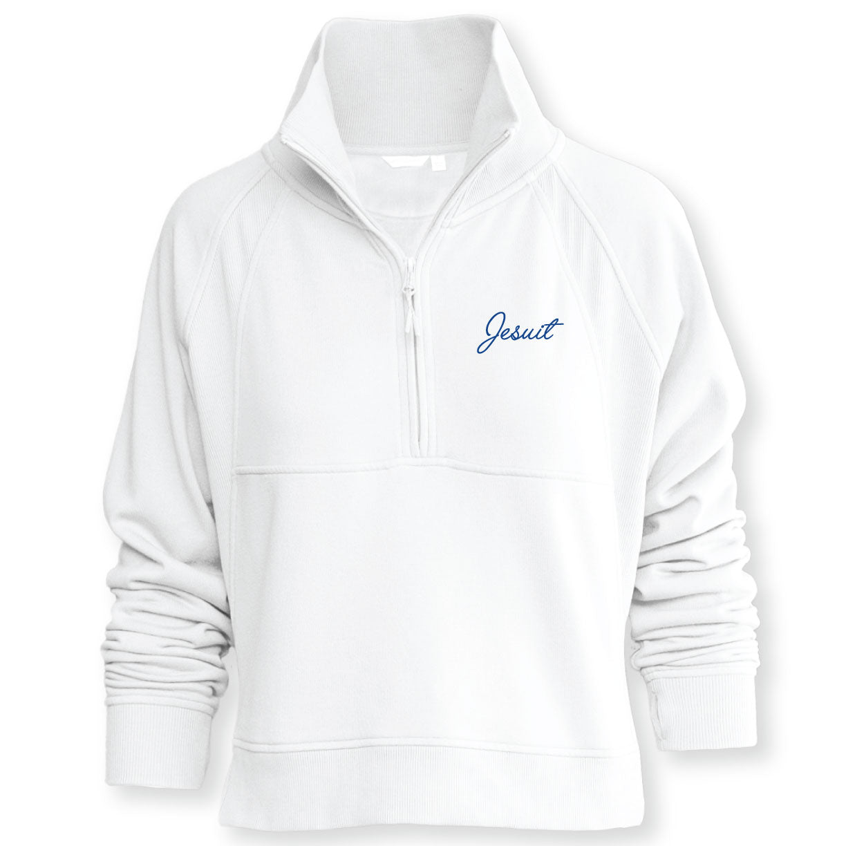 Camp David.

60% Cotton/40% Polyester Brushed Fleece.

Features clean lines and a sporty vibe. The 2x2 Rib is showcased by the versatile collar and tall ribbed waistband.  Rib detail also compliments the raglan sleeves, and the deep zip provides ease of wear.

Embroidered script Jesuit logo.