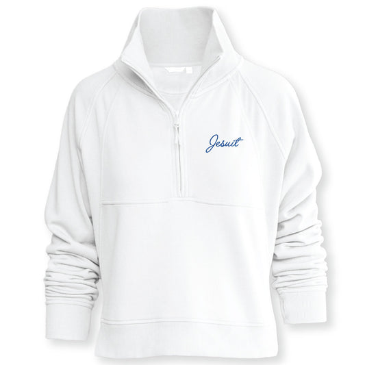 Camp David.

60% Cotton/40% Polyester Brushed Fleece.

Features clean lines and a sporty vibe. The 2x2 Rib is showcased by the versatile collar and tall ribbed waistband.  Rib detail also compliments the raglan sleeves, and the deep zip provides ease of wear.

Embroidered script Jesuit logo.