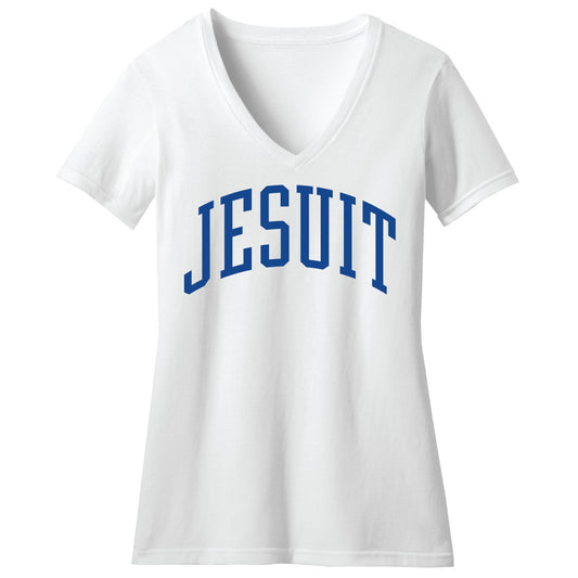 Camp David.

60% Cotton/40% Polyester.

This 4.3-ounce jersey v-neck tee features 1 x 1 rib at the neckline.

JESUIT logo