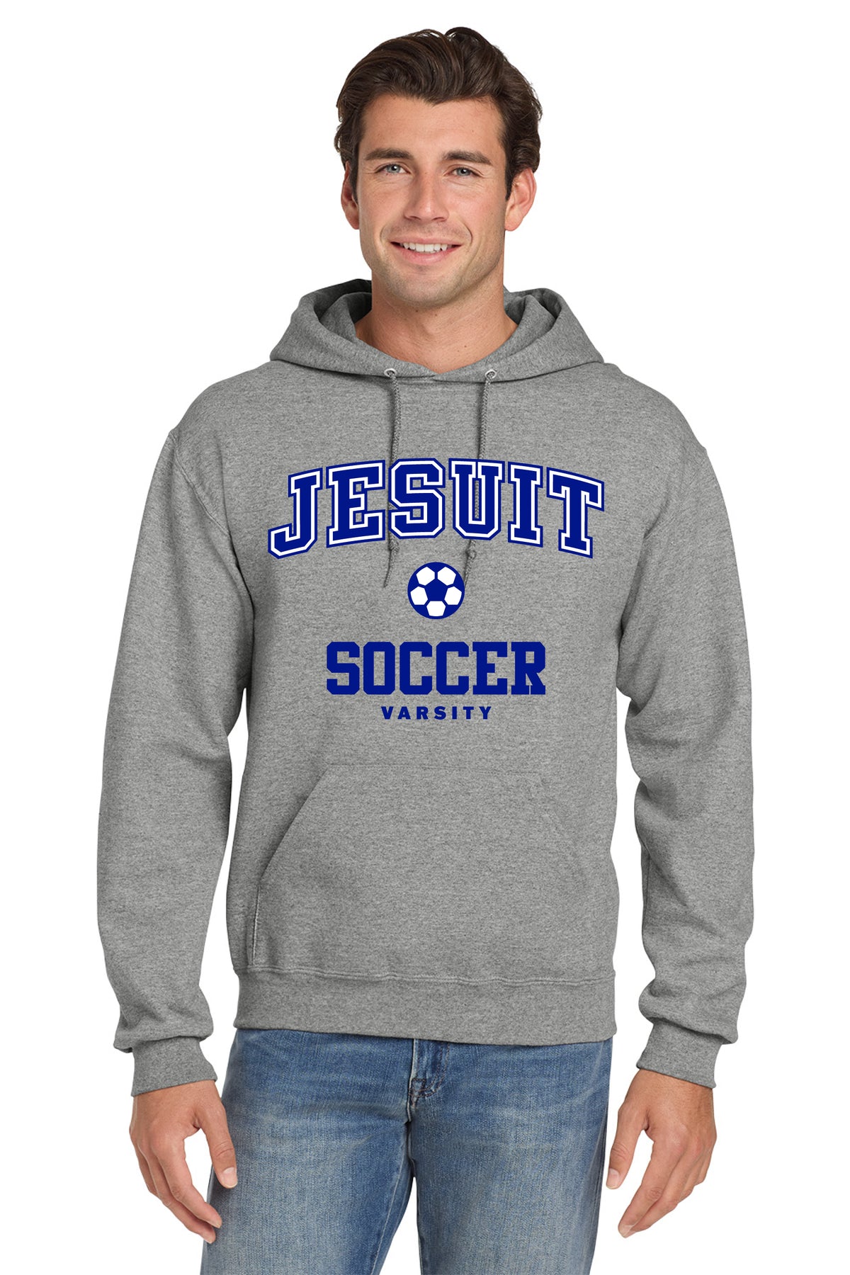 Jerzees.

49% Cotton/51% Polyester.

Heavy Blend Fleece Hoodie. Features double-lined hood, 1x1 ribbed cuffs and waistband with spandex, pouch pocket offers convenience & functionality and matching drawstring.

Jesuit Soccer Varsity Logo 