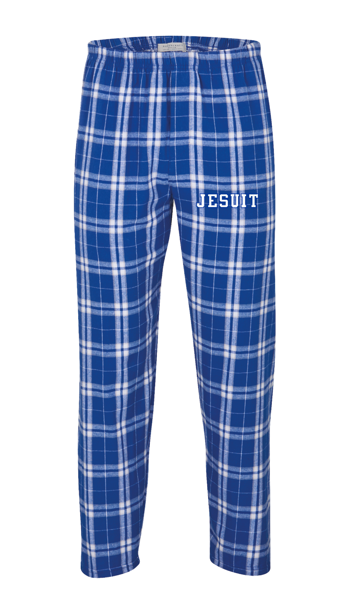 Boxercraft.

100% cotton flannel, 4.3 ounce.

Self-folded waistband (with inner drawcord), hidden button-close fly and pockets.

These flannel pants will keep you warm and comfortable with double-brushed cotton softness.

JESUIT screenprint logo.