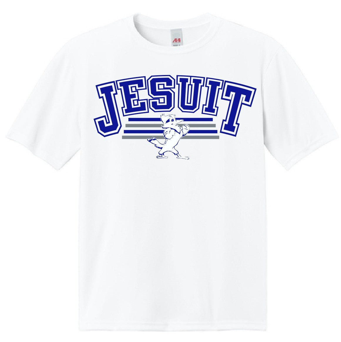 A4

100% Polyester - 3.5 oz.

Moisture management for all season comfort. Odor resistant and stain release fabric for easy care. Reinforced shoulder seams for extra durability. Double needle cover-stitch hem and neck

JESUIT w/Jayson screen-printed logo.
