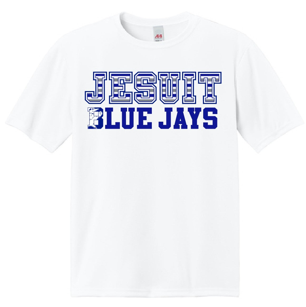 A4

100% Polyester - 3.5 oz.

Moisture management for all season comfort.  Odor resistant and stain release fabric for easy care. Reinforced shoulder seams for extra durability. Double needle cover-stitch hem and neck

JESUIT BLUE JAYS w/Jayson screen-printed logo.