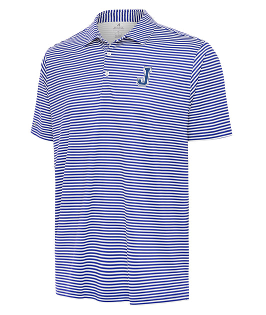 Antigua.

94% Polyester/6% Spandex.

This classic two-color striped polo offers a monotone, triple stripe pattern accented by a white stripe. Perfect for any Blue Jay event! Matte logo buttons. Roomy fit.

J embroidered logo.