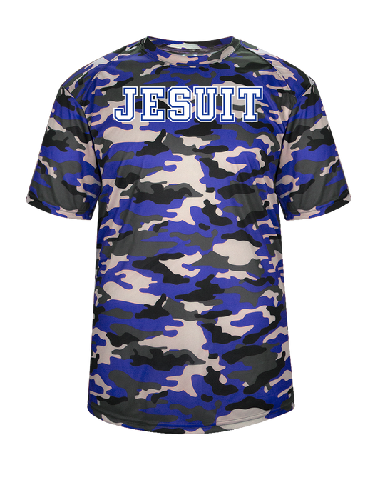 Badger Sport.

100% Polyester.

Paneled shoulder. Moisture management/odor protection fabric.

JESUIT logo.