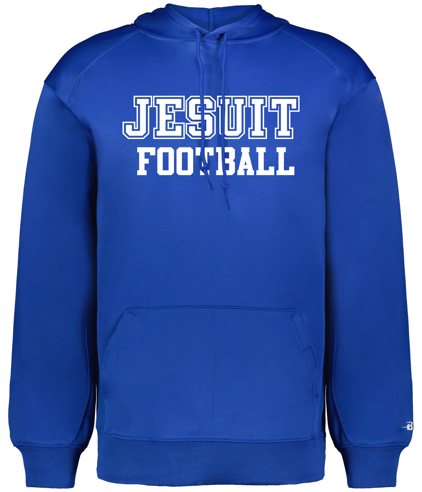 Badger.

100% polyester fleece.

Self-lined hood with drawcord. Waffle weave side inserts. Set-in sleeves. Front pouch pocket with hook-and-loop closures. Self-fabric cuffs and bottom band.

JESUIT FOOTBALL logo