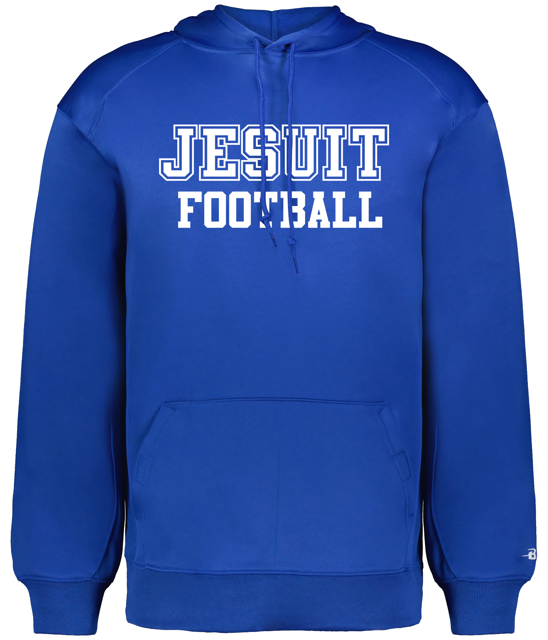 Badger.

100% polyester fleece.

Self-lined hood with drawcord. Waffle weave side inserts. Set-in sleeves. Front pouch pocket with hook-and-loop closures. Self-fabric cuffs and bottom band.

JESUIT FOOTBALL logo