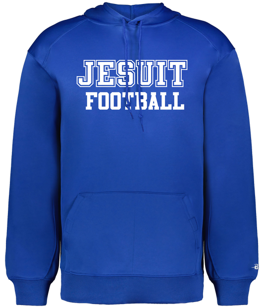 Badger.

100% polyester fleece.

Self-lined hood with drawcord. Waffle weave side inserts. Set-in sleeves. Front pouch pocket with hook-and-loop closures. Self-fabric cuffs and bottom band.

JESUIT FOOTBALL logo