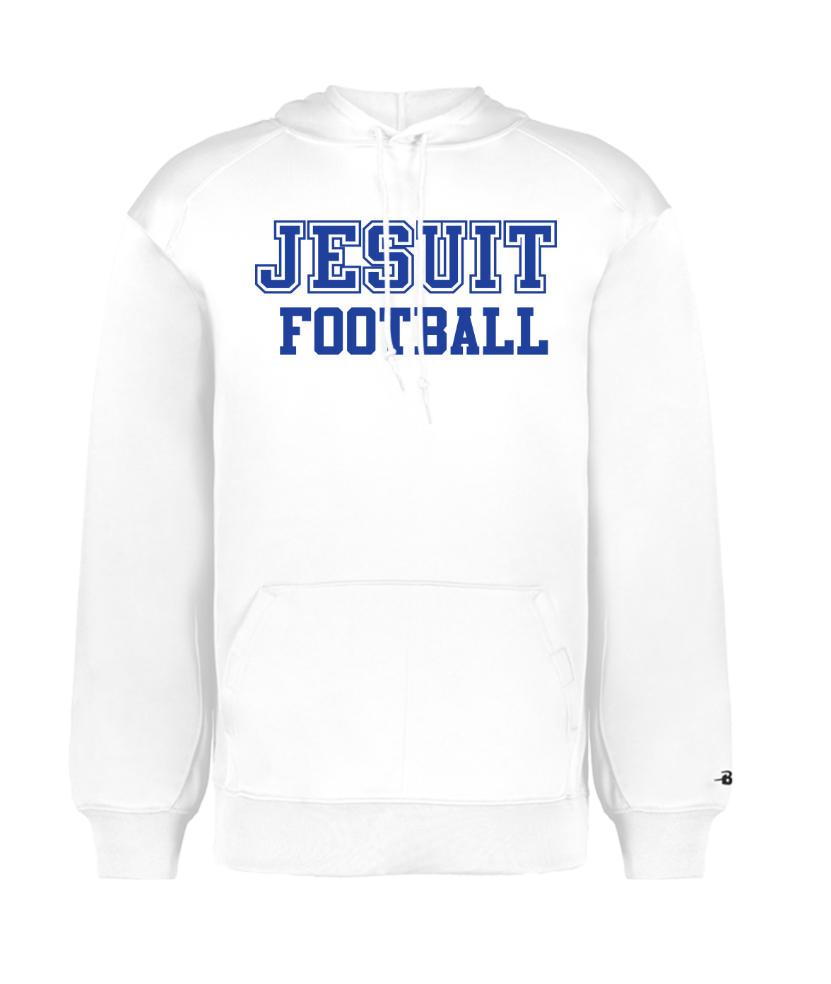 Badger.

100% polyester fleece.

Self-lined hood with drawcord. Waffle weave side inserts. Set-in sleeves. Front pouch pocket with hook-and-loop closures. Self-fabric cuffs and bottom band.

JESUIT FOOTBALL logo