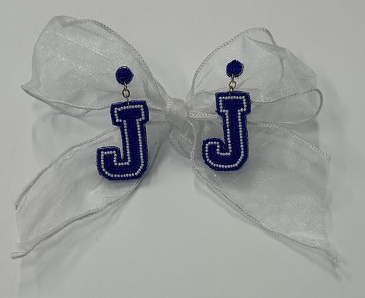 Beaded with felt back.  J Drop Earrings w/comfort backs.  J measures 2".