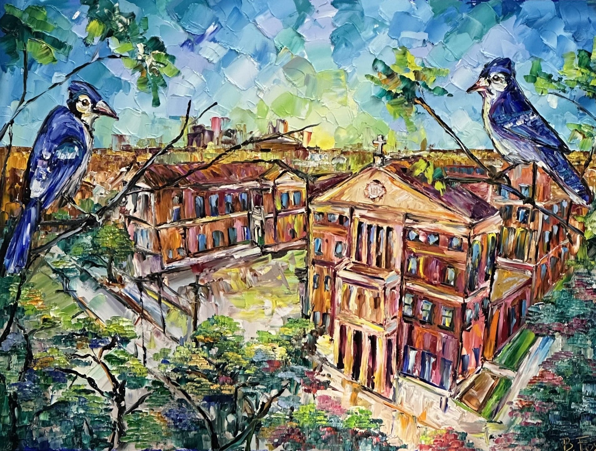 Introducing "Through the Eyes of a Blue Jay".

An original artwork by local artist, Becky Fos. This remarkable artwork captures the heart of Jesuit High School offering a striking bird's eye-view of campus, with downtown New Orleans visible on the horizon.

Measures 24 inches in width and 18 inches in height.

The Lithograph is available signed and numbered OR unsigned and unnumbered.