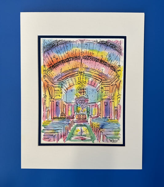 BHarris Art.  Fine art print on delicately textured watercolor paper, which nicely compliments the elegance of the original watercolor drawing.  Includes white outer mat/blue inner mat.  All exterior mat sizes conveniently fit standard frames (11" x 14").  Artwork by JHS alumnus, Billy Harris '86.
