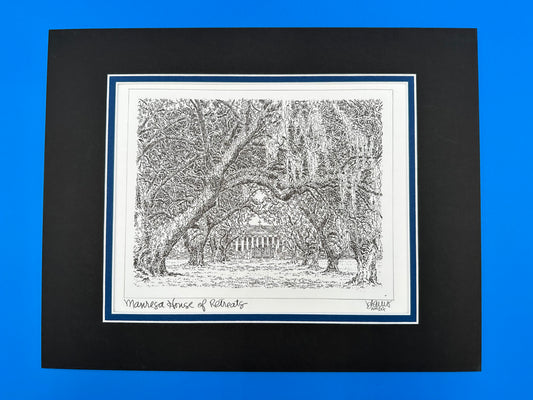 BHarris Art.  Fine art print on delicately textured watercolor paper, which nicely compliments the elegance of the original pen & ink drawing.  Includes black outer mat with blue inner mat.  All exterior mat sizes conveniently fit standard frames (11" x 14").  Artwork by JHS alumnus, Billy Harris '86.