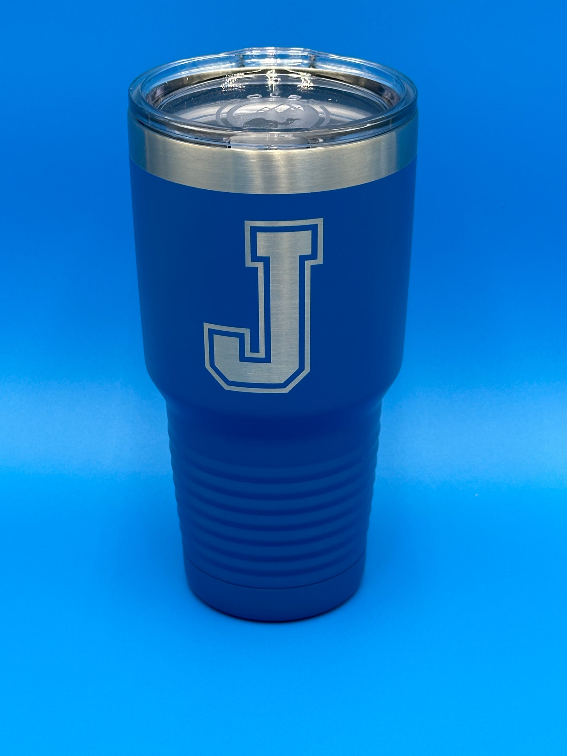Polar Camel.  Double wall vacuum insulation. Hot/Cold Retention. Powder coated blue finish.  Laser engraved.  J logo.  Hand Wash Only.