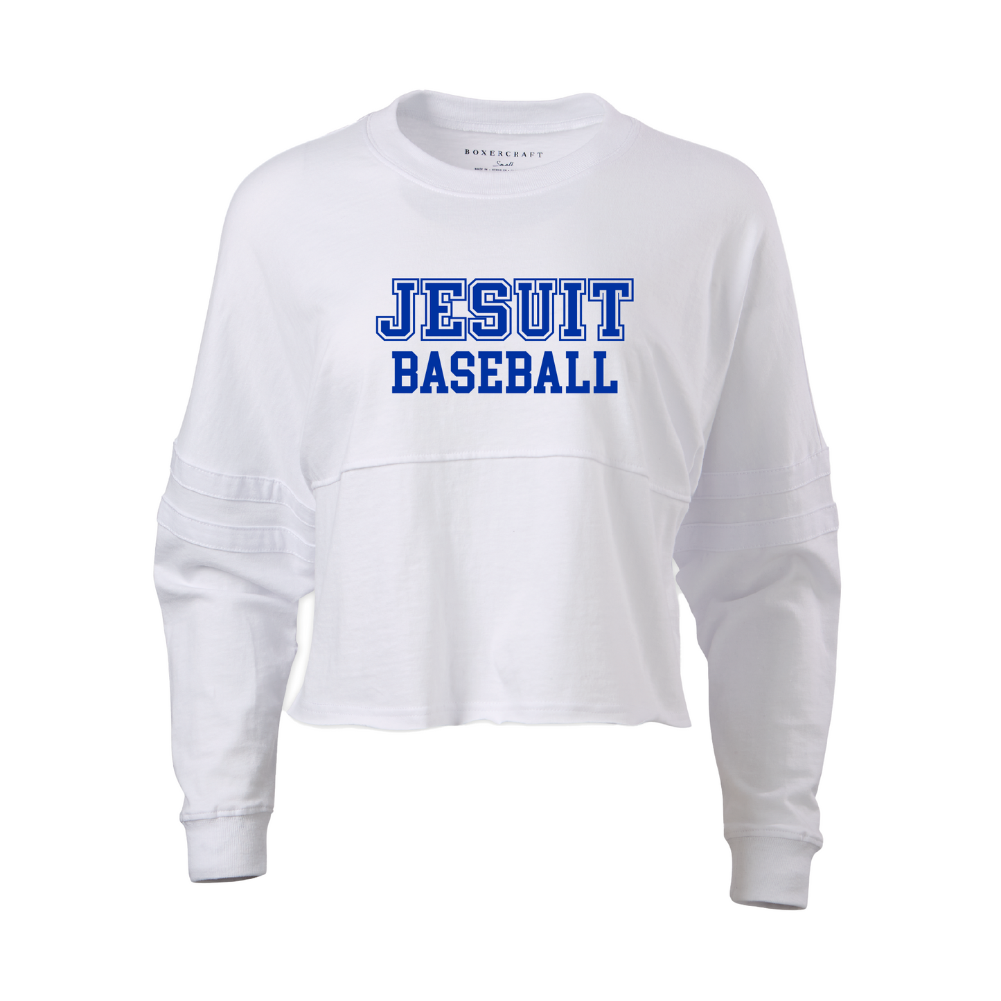 Boxercraft.

100% Cotton Ringspun Jersey.

Relaxed, oversize fit with double athletic sleeve stripes. Top-stitched mid-chest seam with raw-edge flatlock-stitch detail.

Jesuit Baseball logo on front.Go Jays!  logo on back.