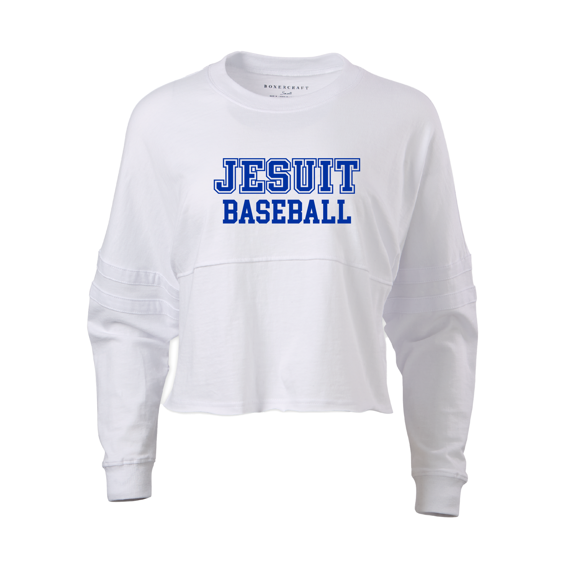Boxercraft.

100% Cotton Ringspun Jersey.

Relaxed, oversize fit with double athletic sleeve stripes. Top-stitched mid-chest seam with raw-edge flatlock-stitch detail.

Jesuit Baseball logo on front.Go Jays!  logo on back.