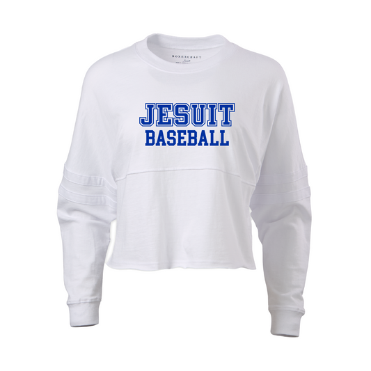 Boxercraft.

100% Cotton Ringspun Jersey.

Relaxed, oversize fit with double athletic sleeve stripes. Top-stitched mid-chest seam with raw-edge flatlock-stitch detail.

Jesuit Baseball logo on front.Go Jays!  logo on back.