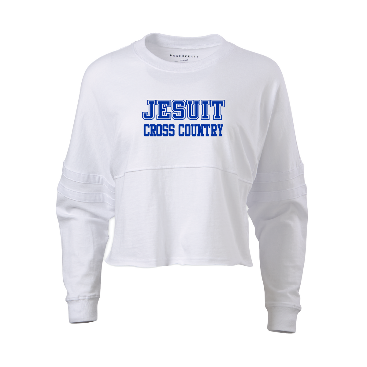 Boxercraft.

100% Cotton Ringspun Jersey.

Relaxed, oversize fit with double athletic sleeve stripes. Top-stitched mid-chest seam with raw-edge flatlock-stitch detail.

Jesuit Cross Country logo on front. Go Jays! logo on back.