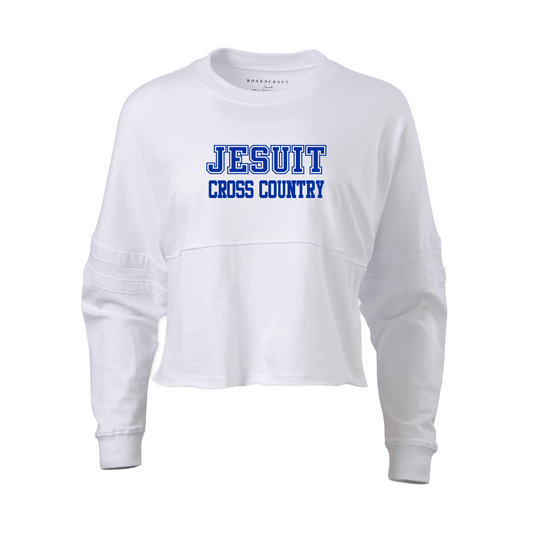 Boxercraft.

100% Cotton Ringspun Jersey.

Relaxed, oversize fit with double athletic sleeve stripes. Top-stitched mid-chest seam with raw-edge flatlock-stitch detail.

Jesuit Cross Country logo on front. Go Jays! logo on back.