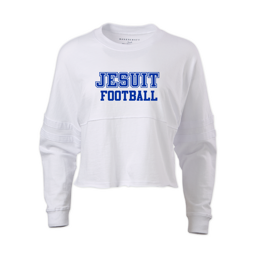Boxercraft.

100% Cotton Ringspun Jersey.

Relaxed, oversize fit with double athletic sleeve stripes. Top-stitched mid-chest seam with raw-edge flatlock-stitch detail.

Jesuit Football logo on front. Go Jays! logo on back.