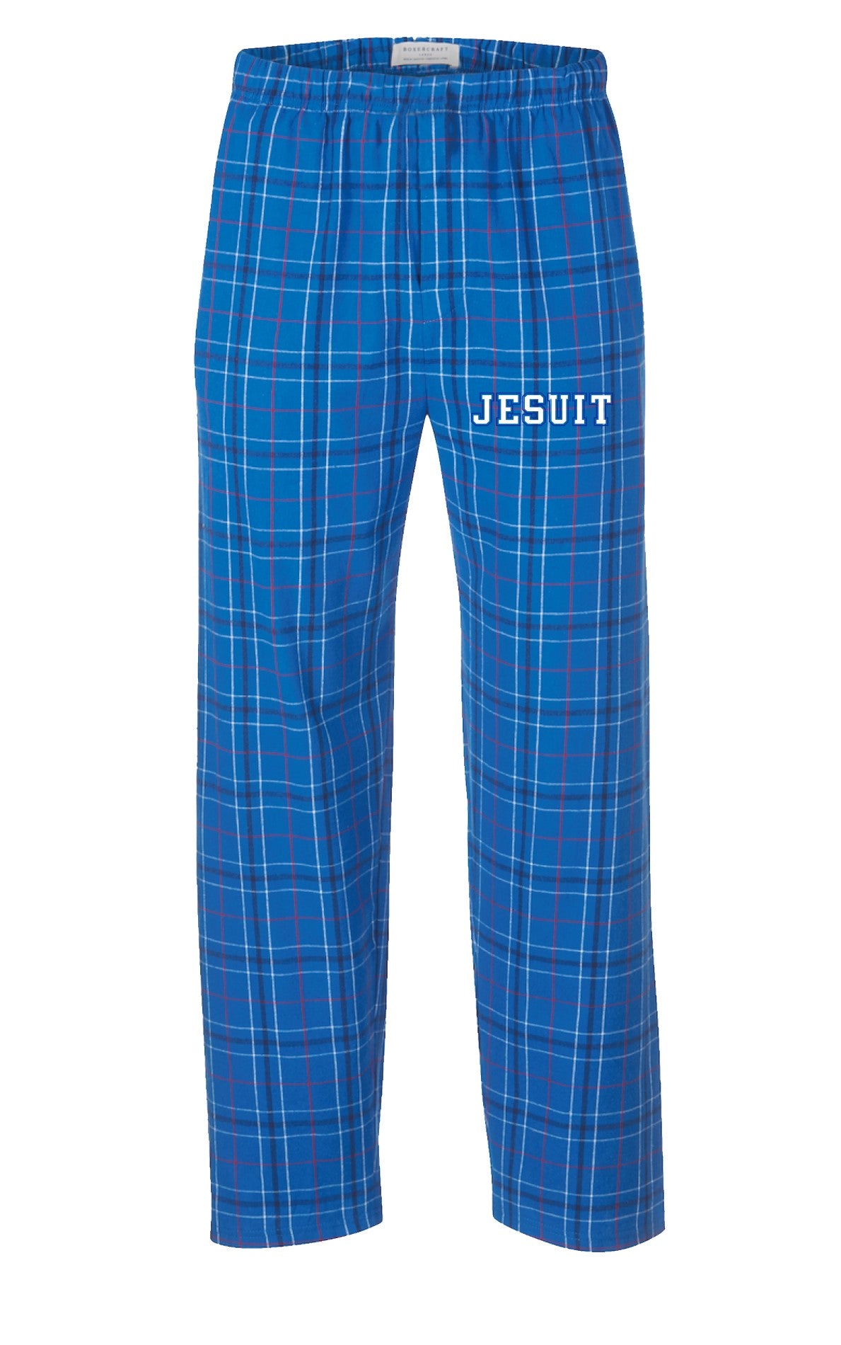 Boxercraft.  Special Christmas limited edition!

100% cotton flannel, 4.3 ounce.

Self-folded waistband (with inner drawcord), hidden button-close fly and side pockets.

These flannel pants will keep you warm and comfortable with double-brushed cotton softness.

JESUIT screenprint logo.