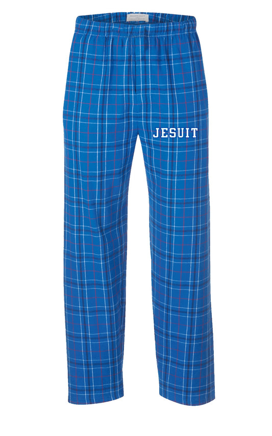 Boxercraft.  Special Christmas limited edition!

100% cotton flannel, 4.3 ounce.

Self-folded waistband (with inner drawcord), hidden button-close fly and side pockets.

These flannel pants will keep you warm and comfortable with double-brushed cotton softness.

JESUIT screenprint logo.