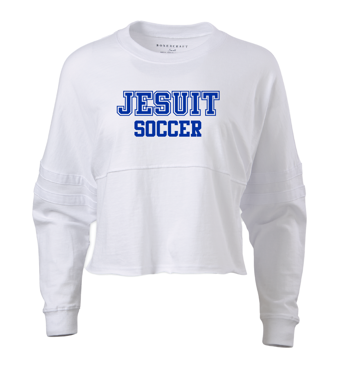 Boxercraft.

100% Cotton Ringspun Jersey.

Relaxed, oversize fit with double athletic sleeve stripes.Top-stitched mid-chest seam with raw-edge flatlock-stitch detail.

Jesuit Soccer logo on front. Go Jays! logo on back.