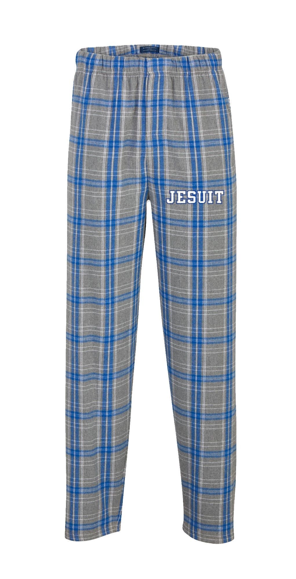 Boxercraft.

100% cotton flannel, 4.3 ounce.

Self-folded waistband (with inner drawcord), hidden button-close fly and side pockets.

These flannel pants will keep you warm and comfortable with double-brushed cotton softness.

JESUIT screenprint logo.