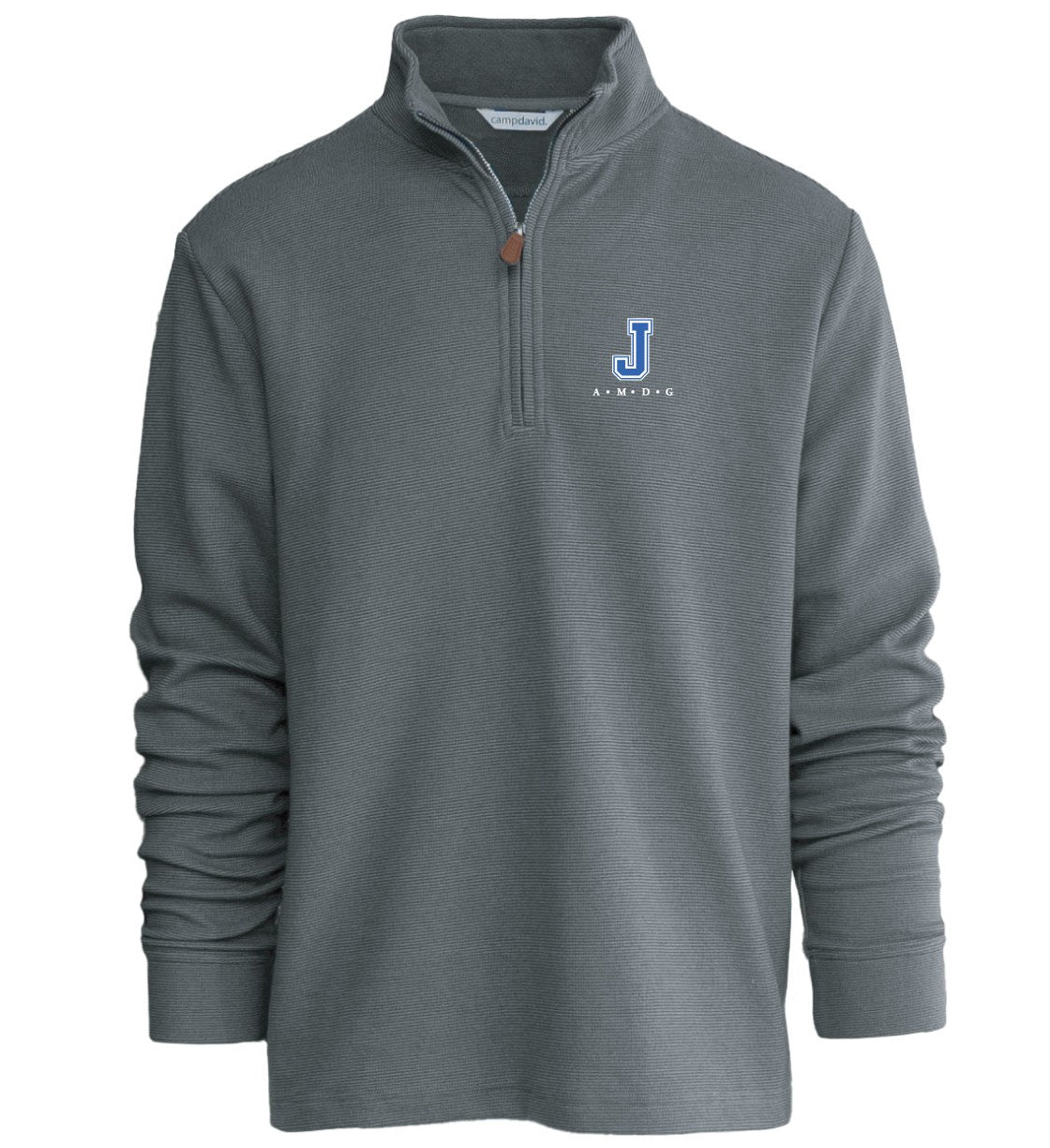 Camp David.

55% Cotton/45% Polyester pinstripe (Charcoal/Dk. Oxford).

Features a stand collar, covered placket, and self-cuff and hem.

J  A.M.D.G. embroidered logo.