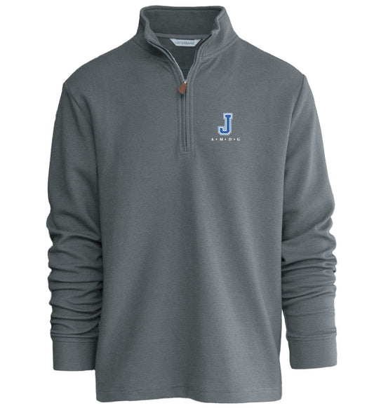 Camp David.

55% Cotton/45% Polyester pinstripe (Charcoal/Dk. Oxford).

Features a stand collar, covered placket, and self-cuff and hem.

J  A.M.D.G. embroidered logo.