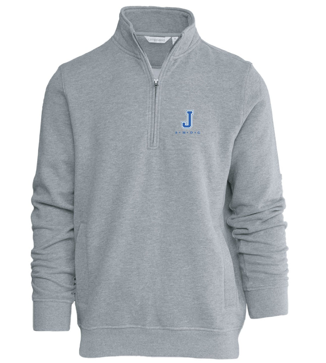 Camp David.

60% Cotton/40% Polyester sueded fleece.

Features a stand collar, covered placket rib detail and set on pockets.

J A.M.D.G. embroidered logo