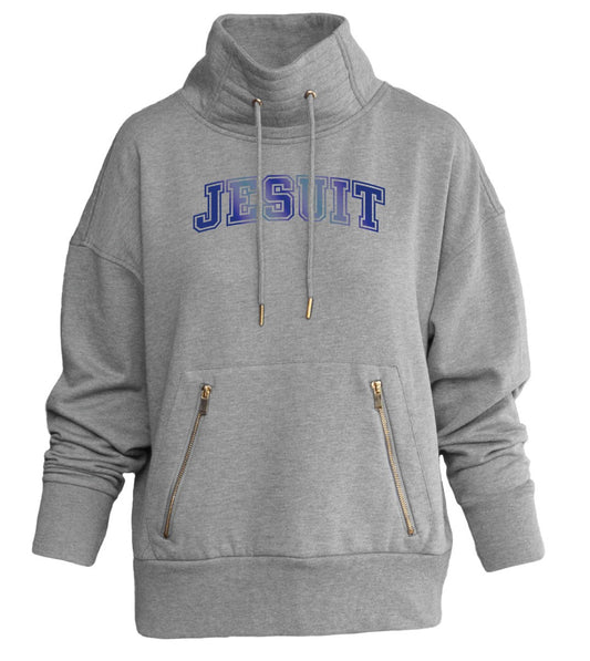 Camp David.

45% Polyester/43% Cotton/12% Rayon.

This Cascade Cowl in constructed in tri-blend fleece. Has a set on pouch pocket and ribbed trim at the cuff and waistband. Pouch pockets are elevated with gold tone zipper detail. The cowl neckline features a quilted detailing.

JESUIT logo - in Royal Blue Foil lettering.
