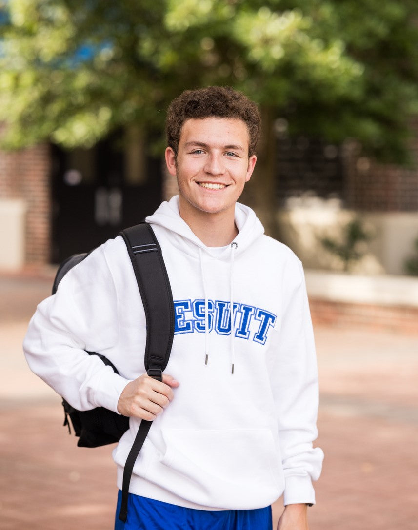 Camp David.  55% Cotton/45% Polyester.  Nearly 9-ounce sueded fleece. Pouch pocket, ribbed cuffs and waistband, as well as a jersey lined hood.  Embroidered JESUIT logo.