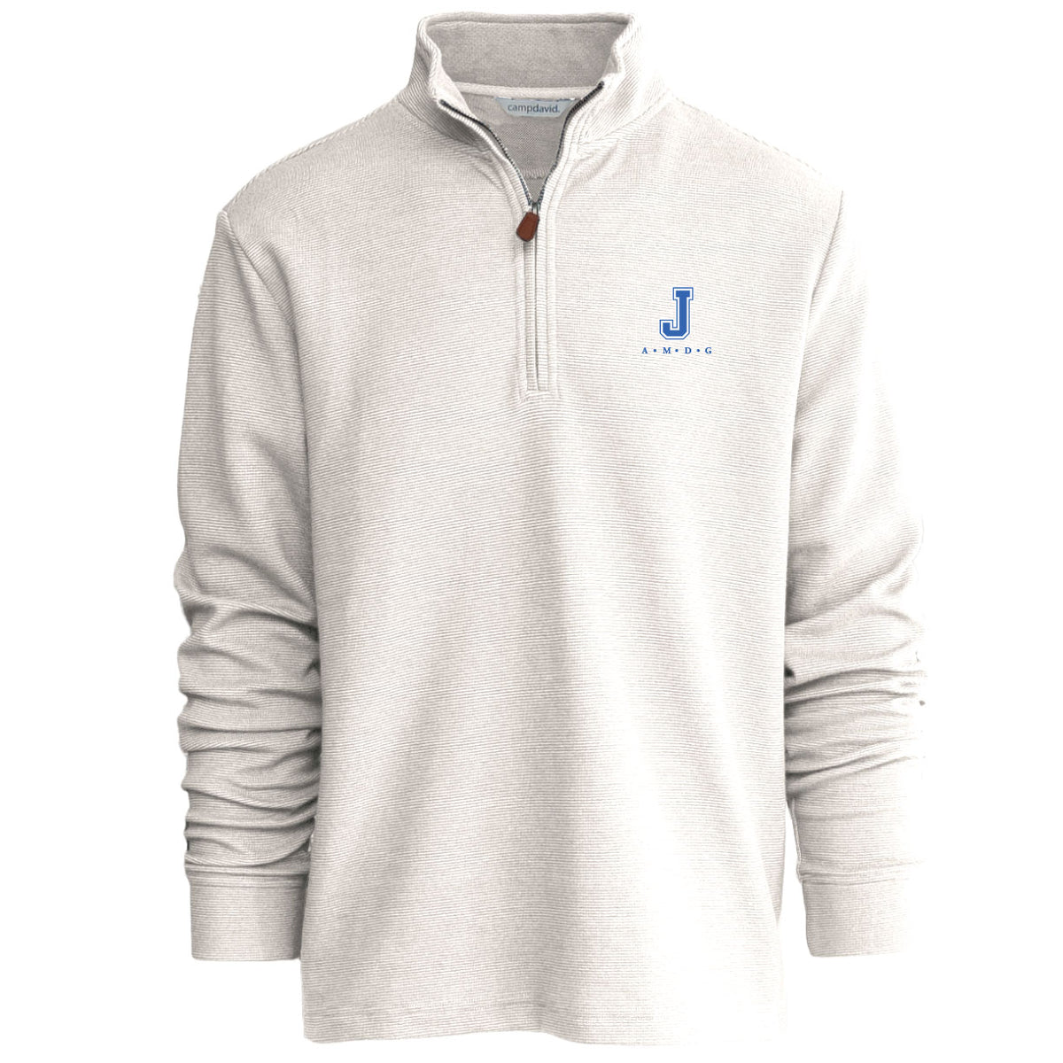 Camp David.

55% Cotton/45% Polyester pinstripe (Charcoal/Dk. Oxford Grey and Chalk/Oatmea).

Features a stand collar, covered placket, and self-cuff and hem.

J and A.M.D.G. embroidered logo