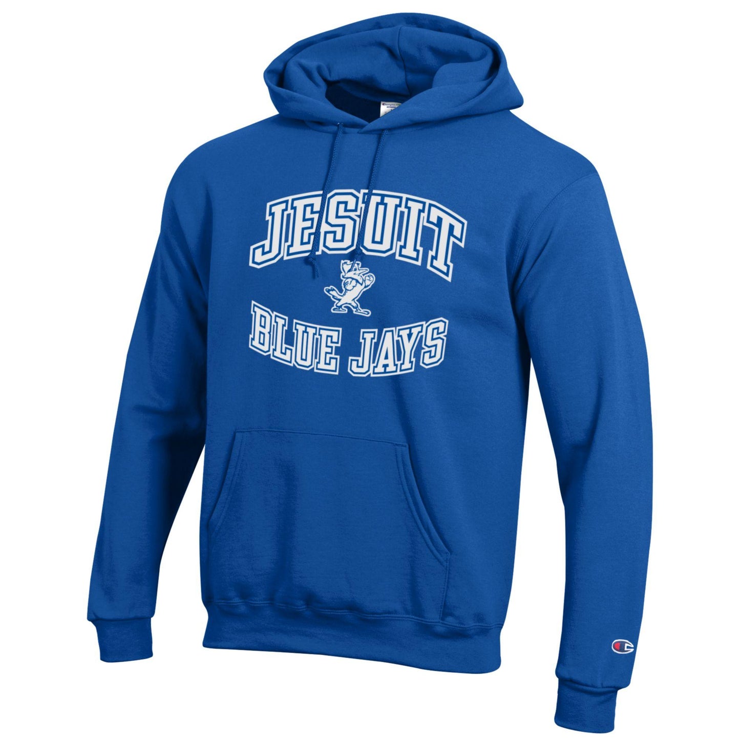 Champion.

50% Cotton/50% Polyester powerblend fleece.

Classic fitting set-in sleeve silhouette. Double layer hood with drawcord. Front pouch pocket. Rib knit at cuffs and waistband.

JESUIT Versa Twill curved logo w/Jayson and curved Blue Jays.