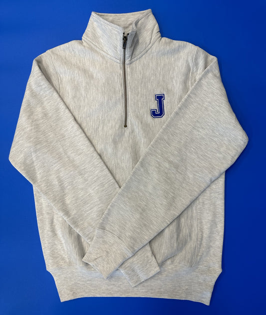 Champion  80% Cotton/20% Polyester heavyweight fleece.  Fabric cut on the cross-grain to resist vertical shrinkage.  Stretch rib at cuffs & waistband. Embroidered J logo.
