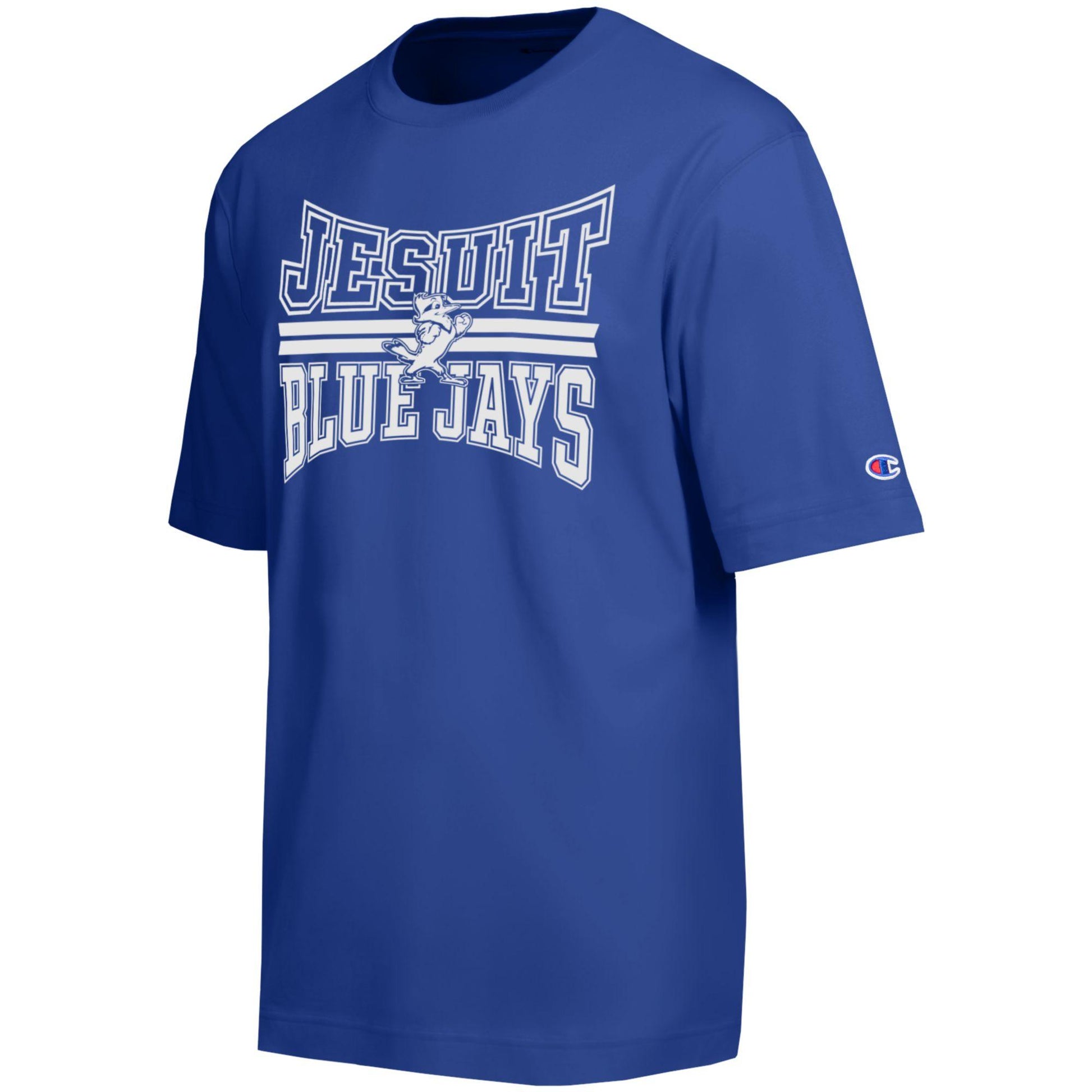 Champion.

100% Cotton sueded 5 oz. jersey.

Slightly oversized fit with dropped shoulder. 1-inch-tall neck rib.

JESUIT BLUE JAYS logo.