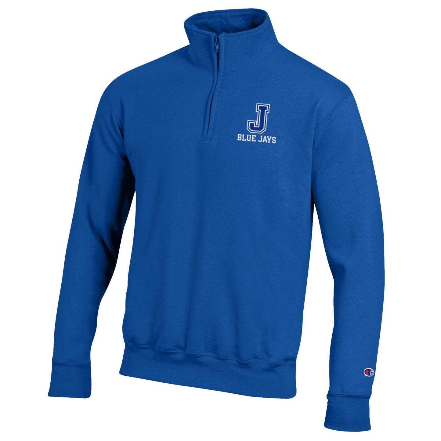 Champion.

50% Cotton/50% Polyester - 8.7 oz. fleece.

Covered zipper at center front. Rib knit at cuffs and waistband.

J Blue Jays embroidered logo.