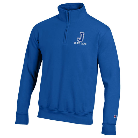 Champion.

50% Cotton/50% Polyester - 8.7 oz. fleece.

Covered zipper at center front. Rib knit at cuffs and waistband.

J Blue Jays embroidered logo.