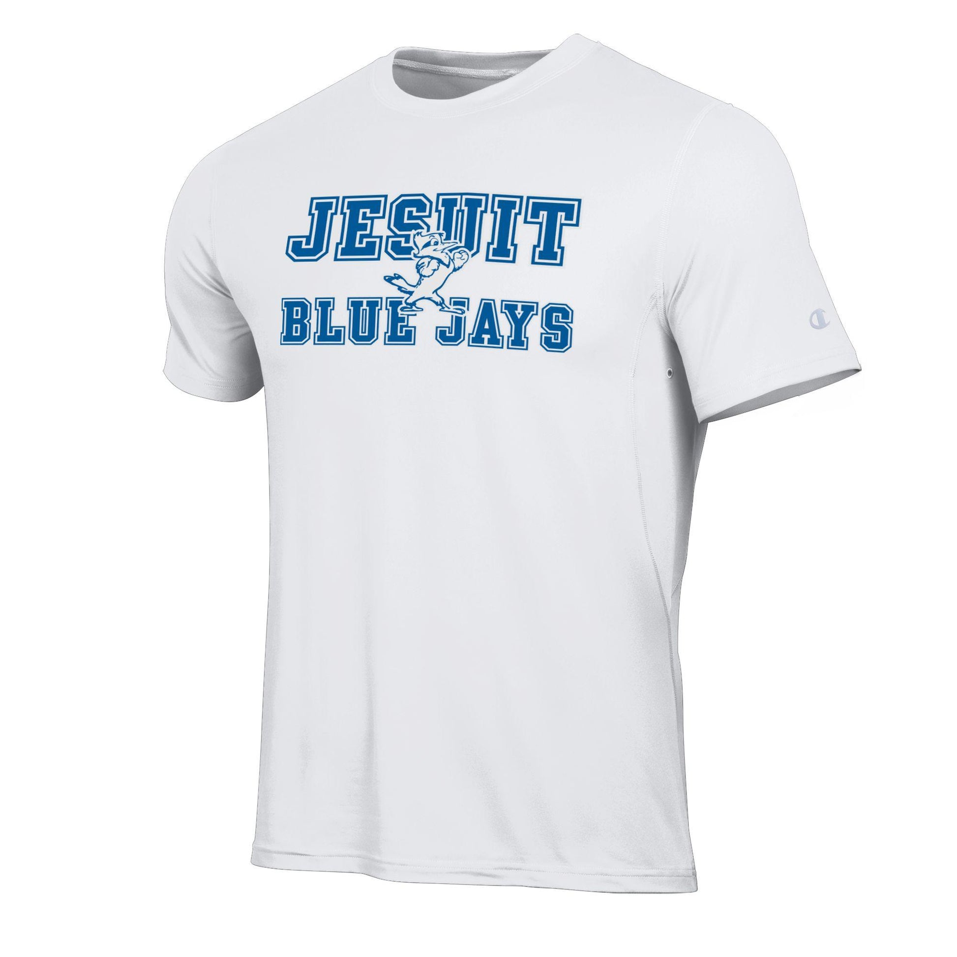 Champion.

86% recycled polyester/14% elastane.

Set in sleeves. Cover stitch detail. Side panel gusset. Under arm buttonhole vents.

Jesuit Blue Jays w/Jayson logo.