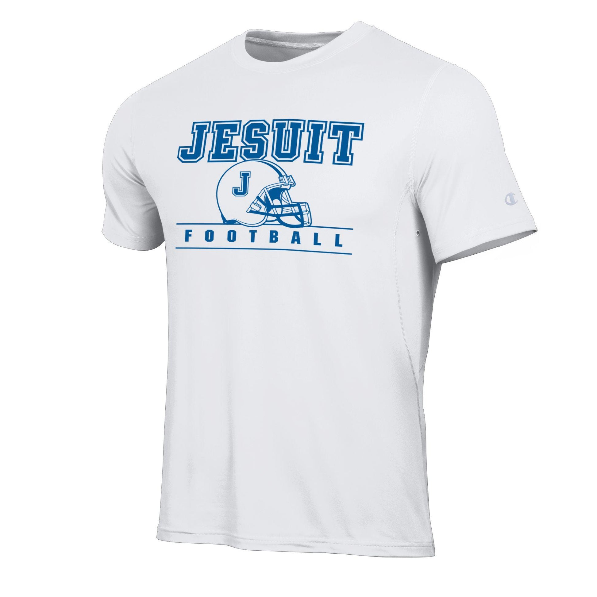 Champion.

86% Recycled Polyester/14% Elastane.

Set in sleeve.&nbsp; Coverstitch detail. Side panel gusset. Under arm buttonhole vents.

Jesuit Football logo.