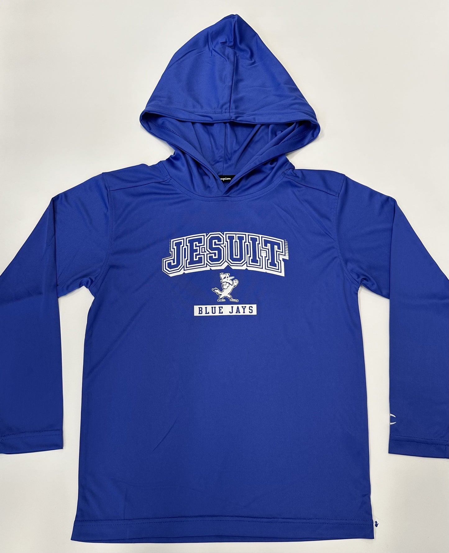 Champion. From the 2024 Stadium Collection. 100% Polyester. 2-piece self-lined hooded tee with set-in sleeve construction. Screen-printed Jesuit logos.