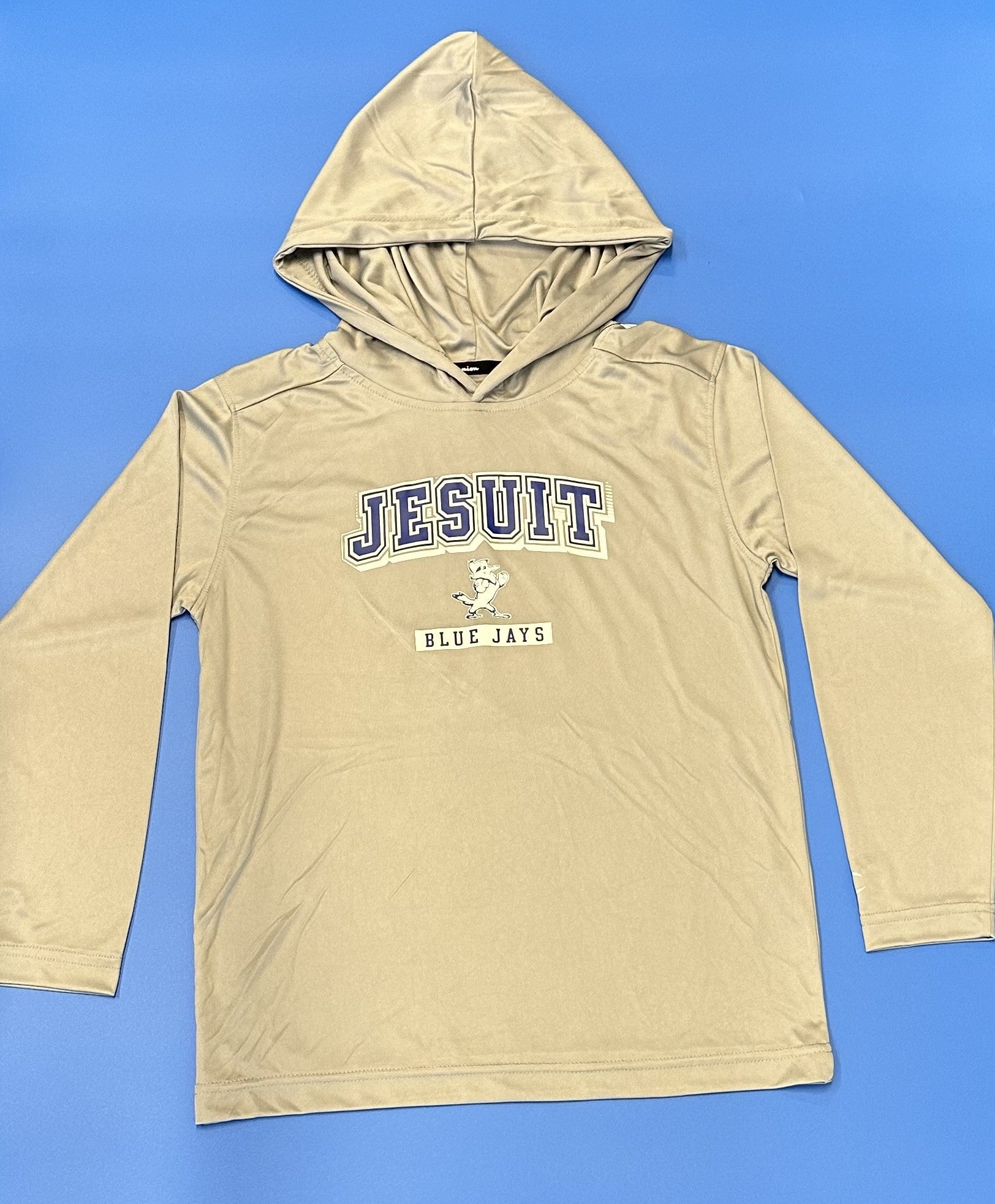 Champion. From the 2024 Stadium Collection. 100% Polyester. 2-piece self-lined hooded tee with set-in sleeve construction. Screen-printed Jesuit logos.