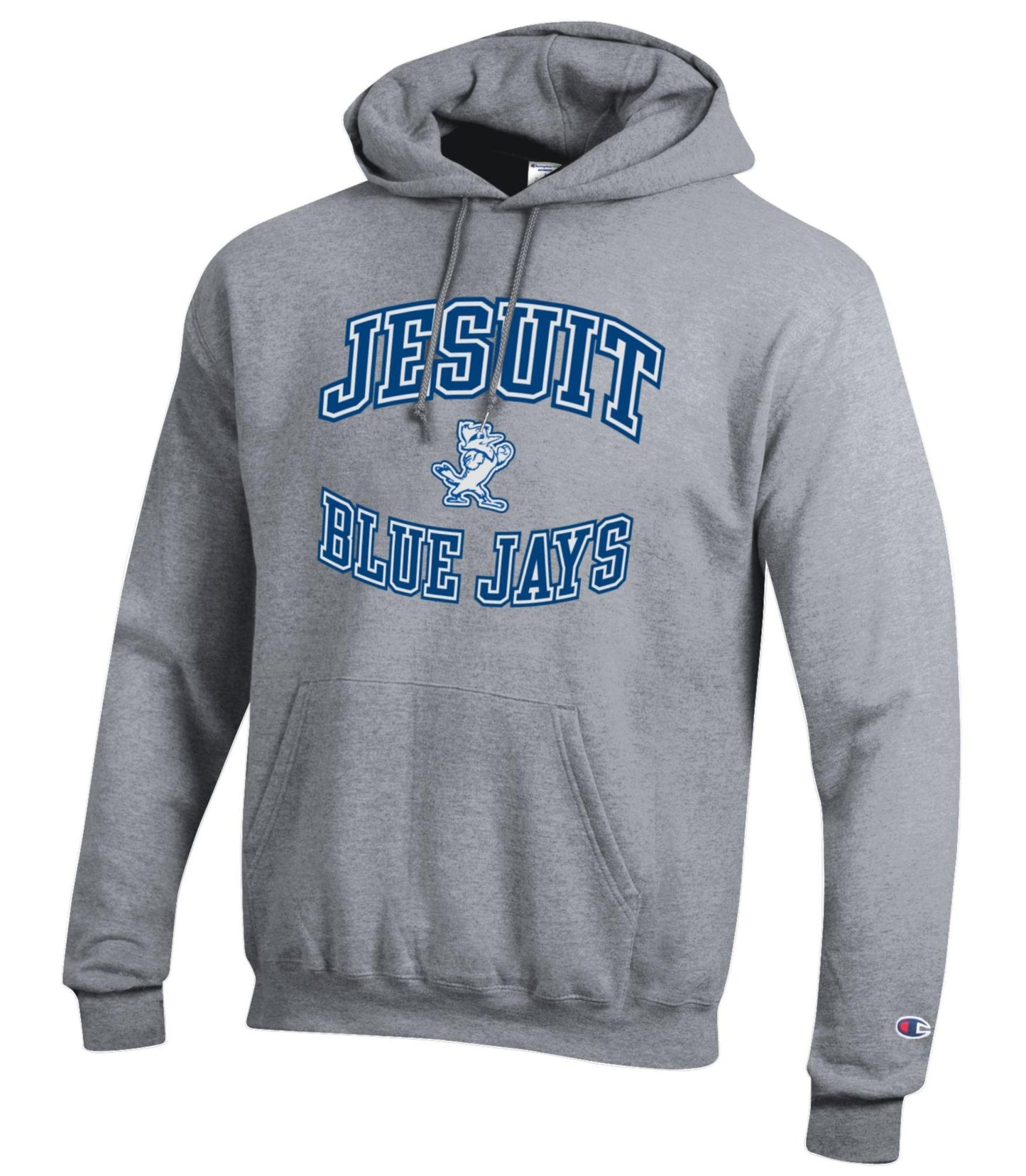 Champion.

50% Cotton/50% Polyester powerblend fleece.

Classic fitting set-in sleeve silhouette. Double layer hood with drawcord. Front pouch pocket. Rib knit at cuffs and waistband.

JESUIT Versa Twill curved logo w/Jayson and curved Blue Jays.