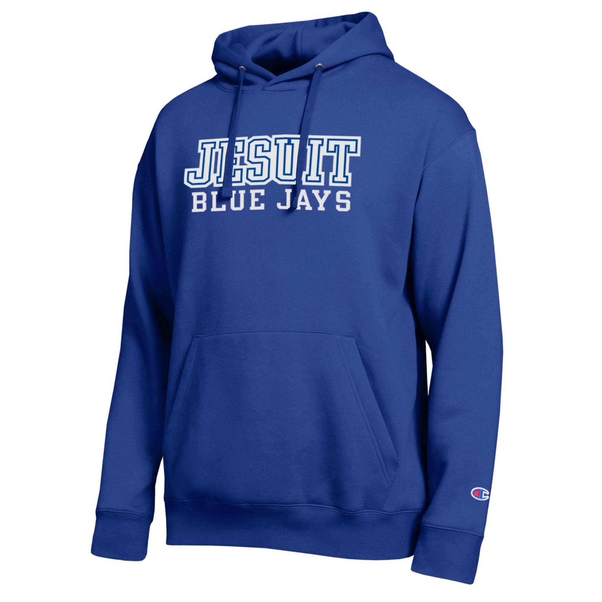 Champion.

60% Organic Cotton/40% Recycled Polyester - 9 oz. fleece.

Slightly oversized fit with dropped shoulder. Double layer hood. Flat drawcords. Rib knit at cuffs and waistband. Front pouch pocket.

JESUIT BLUE JAYS logo.