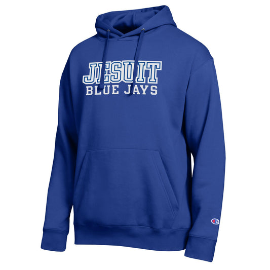 Champion.

60% Organic Cotton/40% Recycled Polyester - 9 oz. fleece.

Slightly oversized fit with dropped shoulder. Double layer hood. Flat drawcords. Rib knit at cuffs and waistband. Front pouch pocket.

JESUIT BLUE JAYS logo.